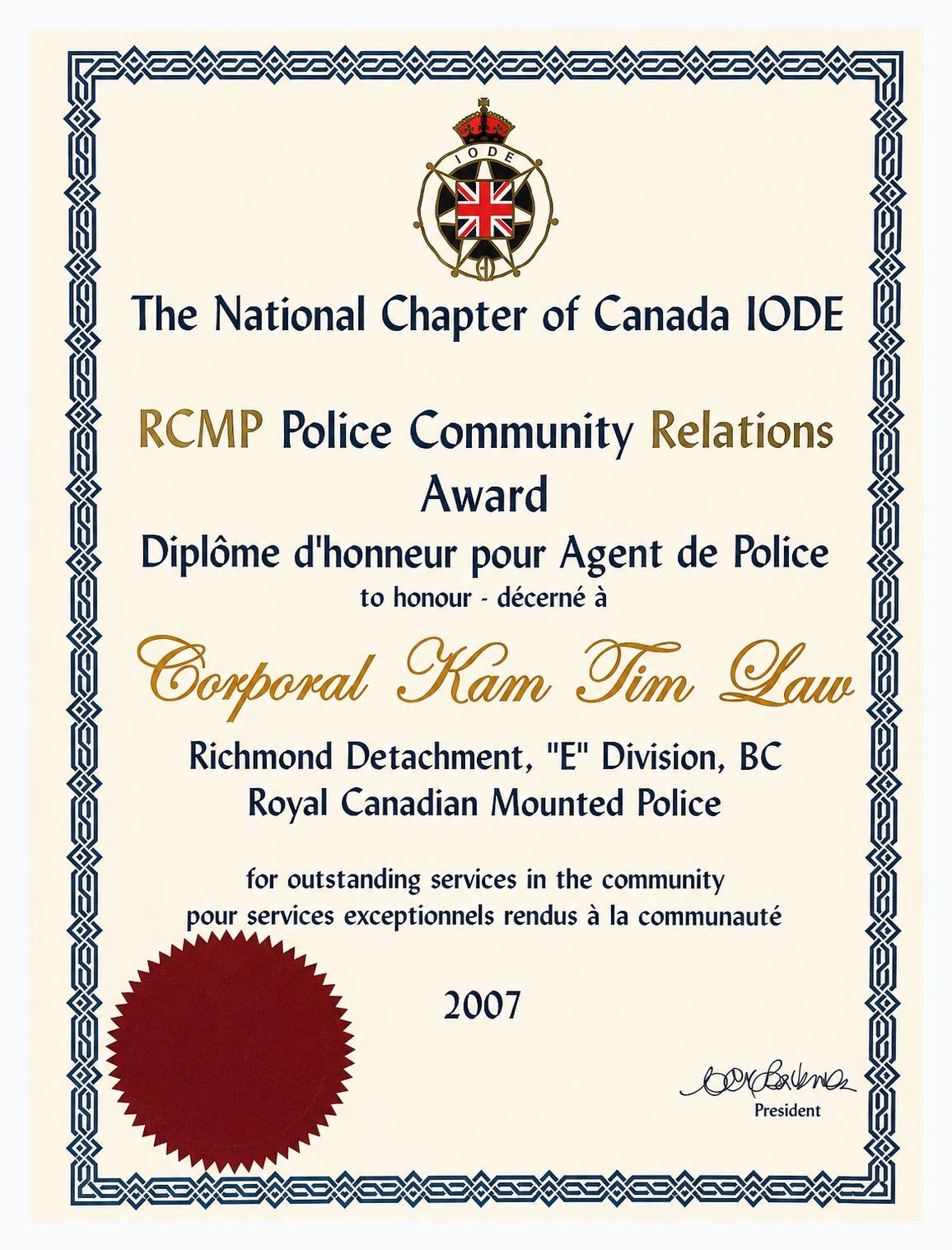 IODE National Chapter of Canada RCMP Police Community Relations Award certificate